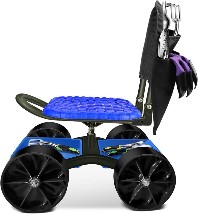 iCover عربة حديقة مع مقعد متحرك بأربع عجلات وحقيبة أدوات، مقعد عمل مستقر، عربات متينة، ارتفاع المقعد واتجاه قابل للتعديل، مساعد في البستنة، أخضر داكن - Image 1